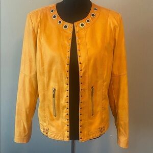 Lena Gabrielle Women's Faux Leather Gold Yellow Studded Moto Jacket Sz 14